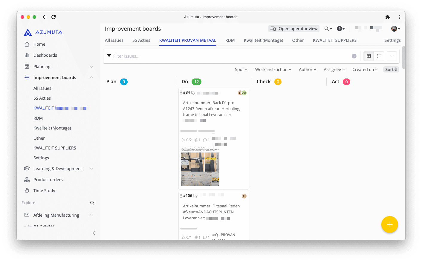 A computer screen displays a software interface from the Azumuta platform titled "5S audit checklist." The checklist includes various audit criteria such as safety and organization, with options to mark compliance status. A sidebar on the left shows navigation options.