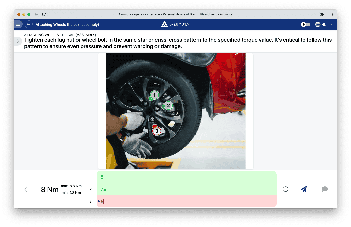 A computer screen displays a software interface from the Azumuta platform titled "5S audit checklist." The checklist includes various audit criteria such as safety and organization, with options to mark compliance status. A sidebar on the left shows navigation options.