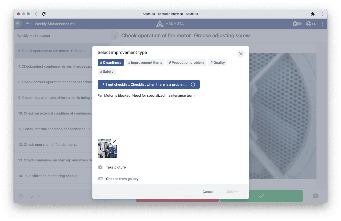 A computer screen displays a software interface from the Azumuta platform titled "5S audit checklist." The checklist includes various audit criteria such as safety and organization, with options to mark compliance status. A sidebar on the left shows navigation options.