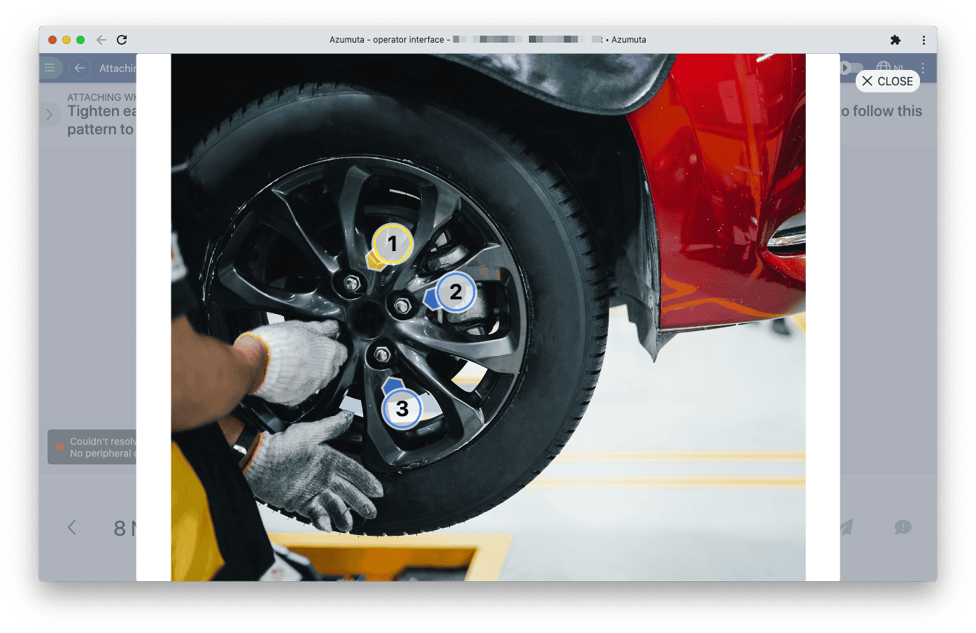 A computer screen displays a software interface from the Azumuta platform titled "5S audit checklist." The checklist includes various audit criteria such as safety and organization, with options to mark compliance status. A sidebar on the left shows navigation options.