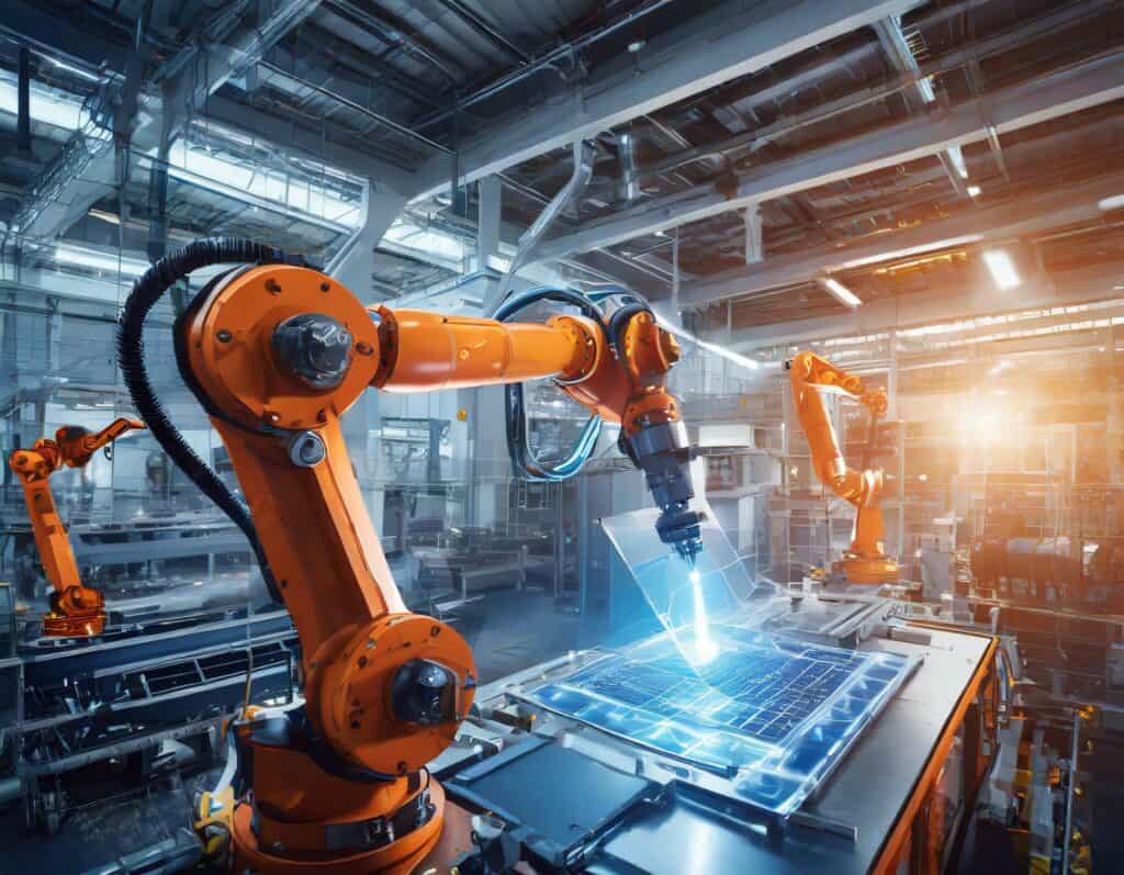 Three robotic arms are working on a high-tech assembly line in a modern factory. One robotic arm is holding a blueprint while another is using a laser tool, illuminated by glowing blue light. The industrial setting is bright and spacious with overhead lighting.