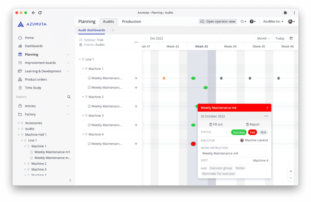 A screenshot of a planning and audit dashboard from the software Azumuta. The display shows a Gantt chart for October 2022, listing maintenance tasks for different machines. A pop-up details a specific maintenance task, including status, executor, and work instruction.