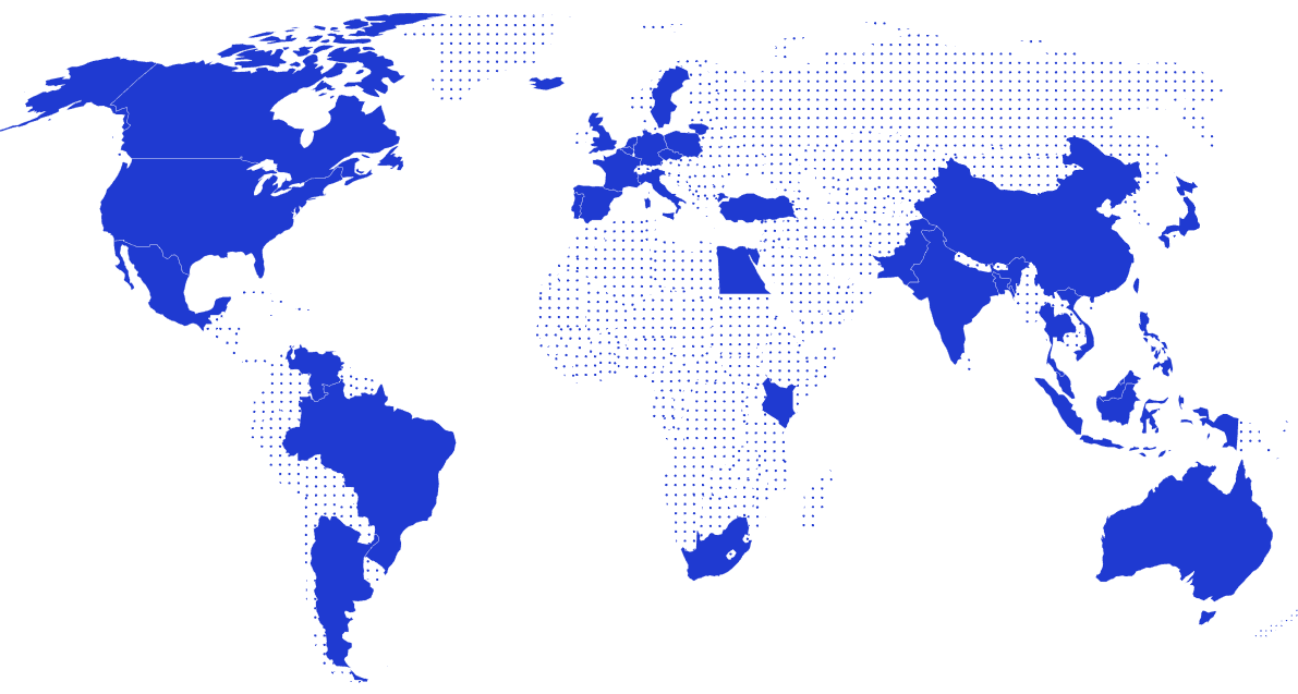 A world map highlighting various regions in solid blue against a blue background. Outlined in white, the map shows continents including North America, South America, Europe, Asia, Africa, and Australia. Several countries and regions are prominently shaded.