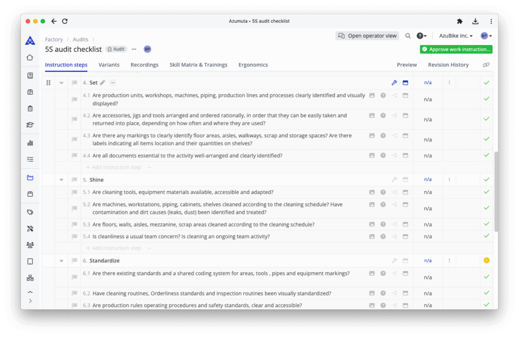 A screenshot of a 5S audit checklist from Azumuta's software interface. The checklist includes sections like instruction steps, variants, recordings, skill matrix & trainings, and ergonomics. The audit items have checkboxes and fields for notes, indicating their status.