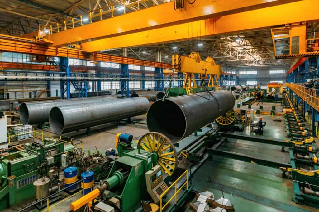 A large industrial factory with heavy machinery and equipment. Two massive cylindrical pipes are being lifted by a yellow overhead crane. The interior is spacious with beams and lights on the ceiling. Workers and various machines are visible around the facility.