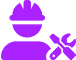 Icon of a person wearing a hard hat and holding crossed wrench and screwdriver, representing a construction worker or repair technician. The image is rendered in a solid purple color.