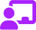 A purple icon depicting a person standing in front of a presentation board or screen. The person is to the left, shown as a simple figure, while the board is to the right with a square cutout in its top-right corner.