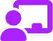 An icon of a person standing in front of a presentation board or screen. The icon is purple, with a person depicted in a simple, abstract form on the left and a rectangular board with a small rectangular cutout on the right.