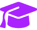 A simple, purple, flat icon of a graduation cap with a tassel hanging to the right. The design is minimalistic, with sharp lines and angles, representing education and academic achievement. The background is solid purple, matching the color of the cap.