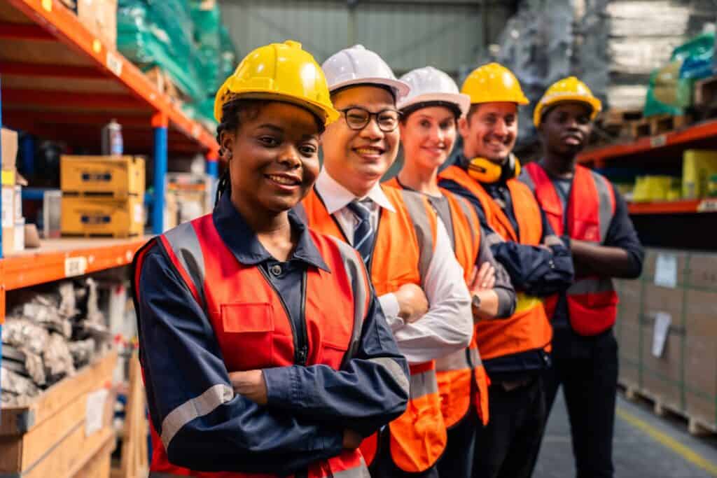 A diverse group of five warehouse workers, three men and two women, in safety gear, including helmets and vests, standing in a line with their arms crossed and smiling. They are in a warehouse with shelves stacked with boxes and materials in the background.