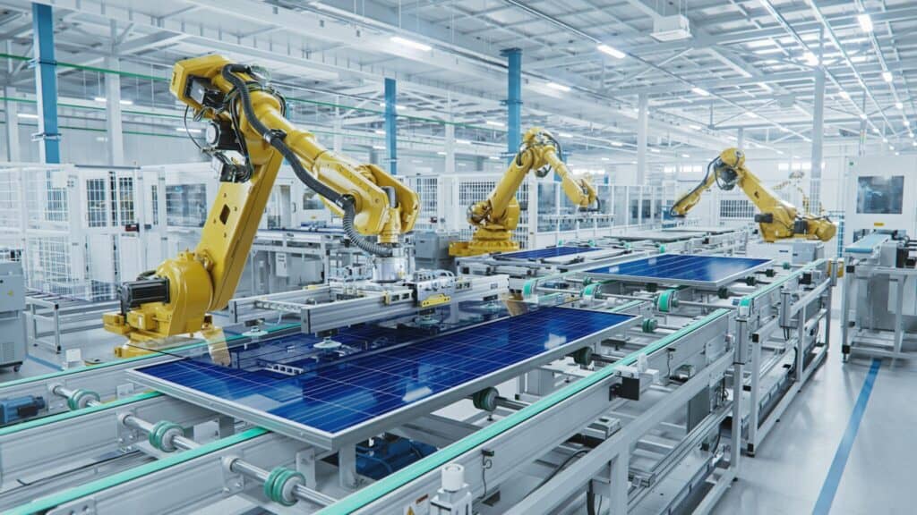 A factory floor with robotic arms assembling solar panels on a conveyor belt. The yellow robotic arms are precisely placing and adjusting the blue solar panels under bright ceiling lights in a clean, modern industrial setting.