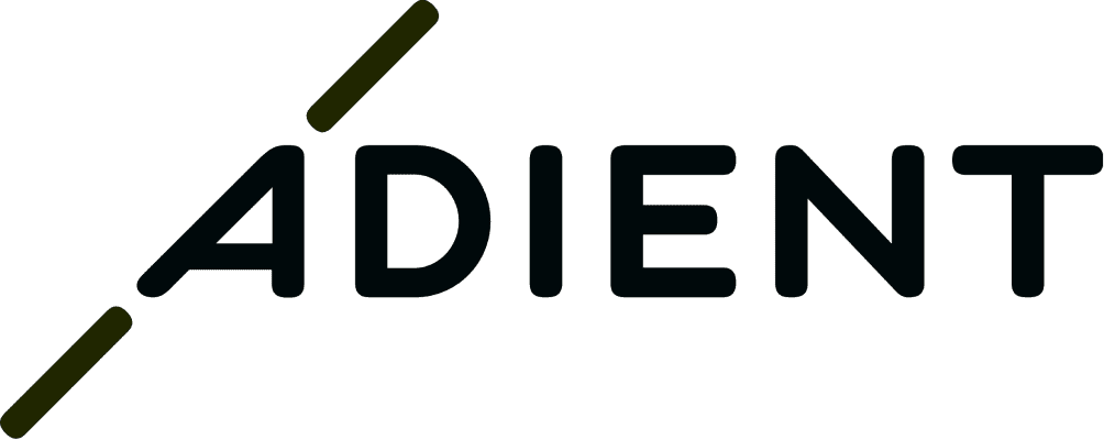 Adient logo with the word 'ADIENT' in a modern black font. Two diagonal lines, one above the first letter 'A' and one below the letter 'T', run parallel to each other, adding a dynamic touch to the design.