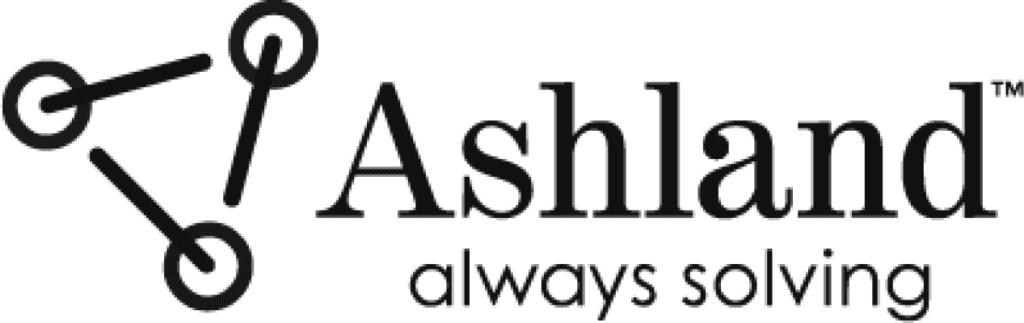 The image displays the logo of Ashland, featuring a stylized triangular design with three connected circles on the left, and the company name 