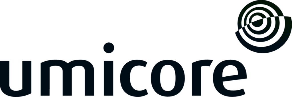 Logo of Umicore, featuring the company name in lowercase letters and a circular geometric design with nested arcs to the upper right of the text. The design is cohesive and modern, utilizing a monochromatic color scheme.