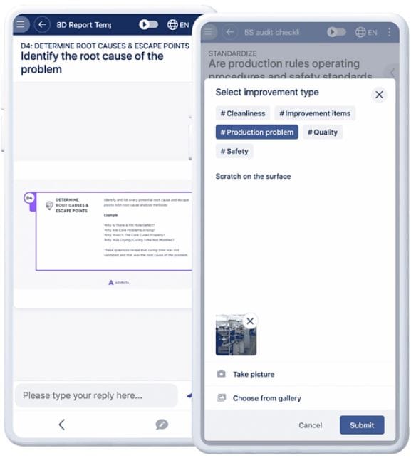 Two smartphone screens display a mobile app for reporting issues. The left screen shows a form titled 