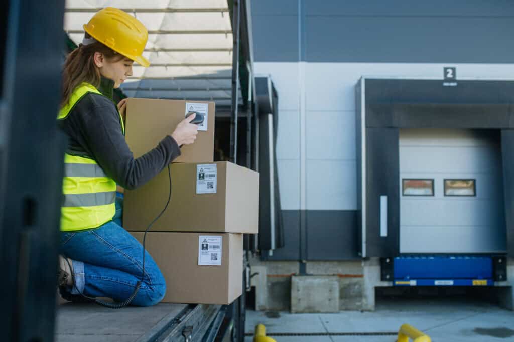 A worker wearing a yellow hard hat and a neon green safety vest kneels inside a truck, scanning barcodes on boxes with a handheld device. The industrial setting includes a loading dock and numbered bay doors in the background.
