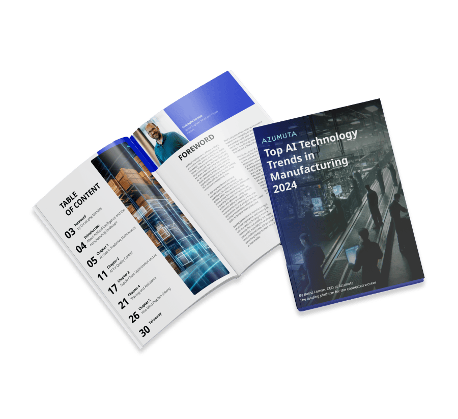 Image of the e-book on AI Trends in manufacturing. Open book image
