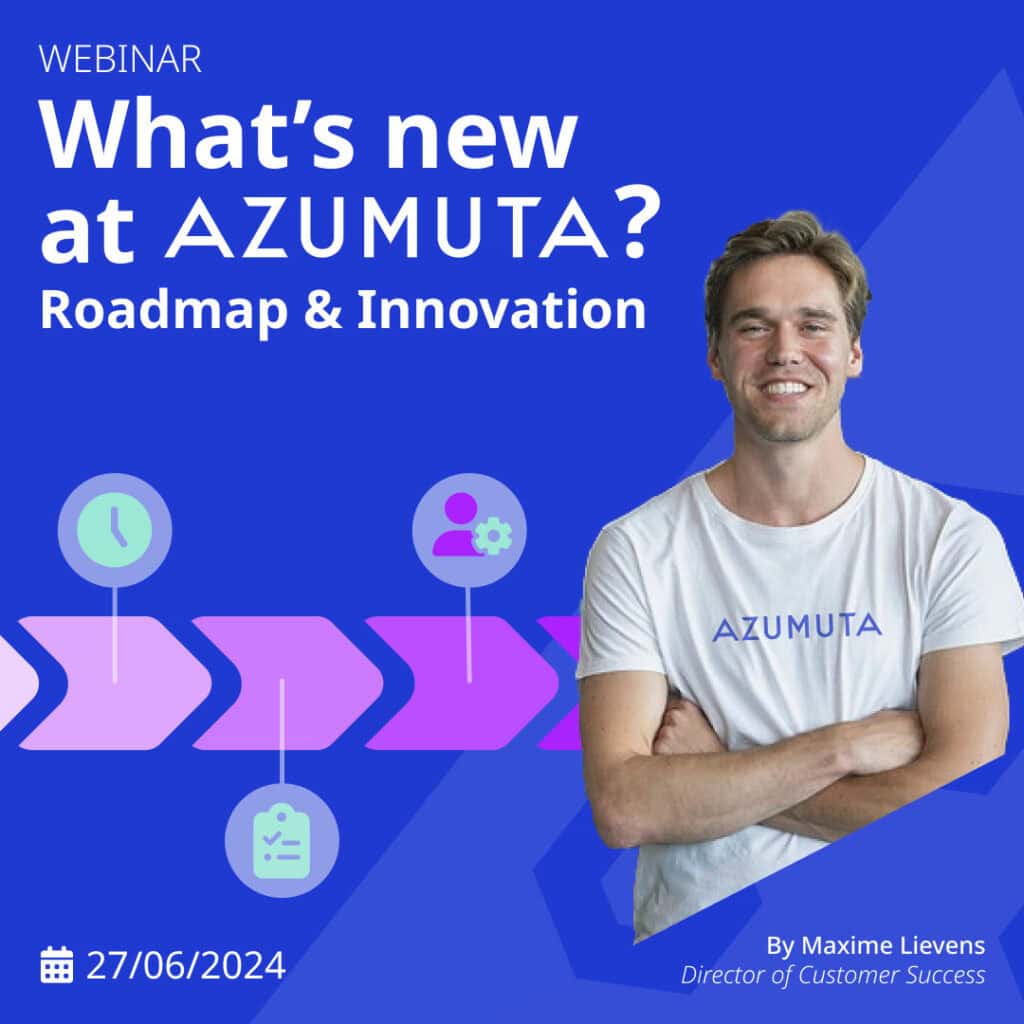 Promotional banner for a webinar titled "What's new at Azumuta? Roadmap & Innovation." It features an image of a smiling man in an "AZUMUTA" T-shirt, details about the event on June 27, 2024.