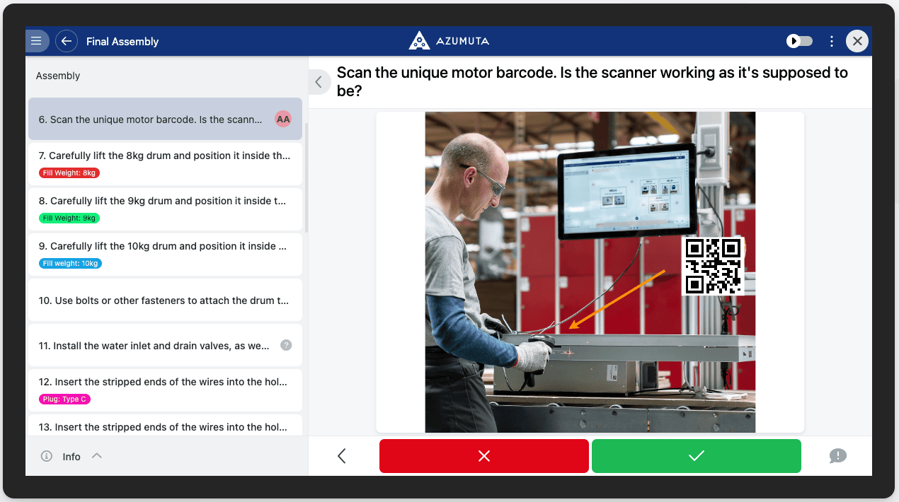 A computer screen displays a software interface from the Azumuta platform titled "5S audit checklist." The checklist includes various audit criteria such as safety and organization, with options to mark compliance status. A sidebar on the left shows navigation options.