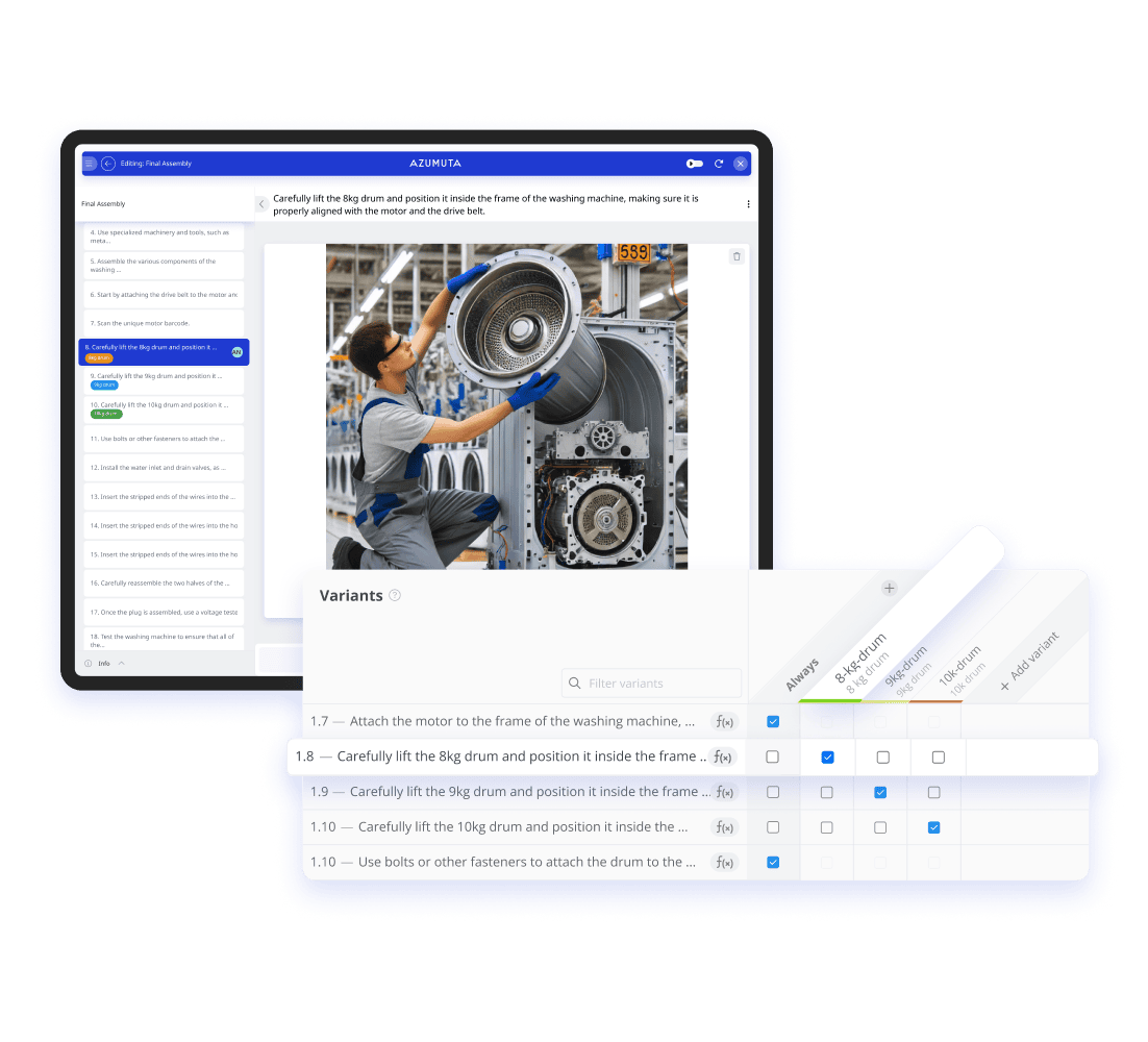 A computer screen displays a software interface from the Azumuta platform titled "5S audit checklist." The checklist includes various audit criteria such as safety and organization, with options to mark compliance status. A sidebar on the left shows navigation options.