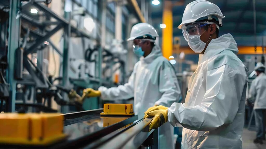 Workers in protective gear, including hard hats, face masks, and gloves, operate machinery in an industrial manufacturing setting. The workers appear to be on a production line, with machinery and equipment visible in the background. The environment looks clean, organized, and focused on safety.