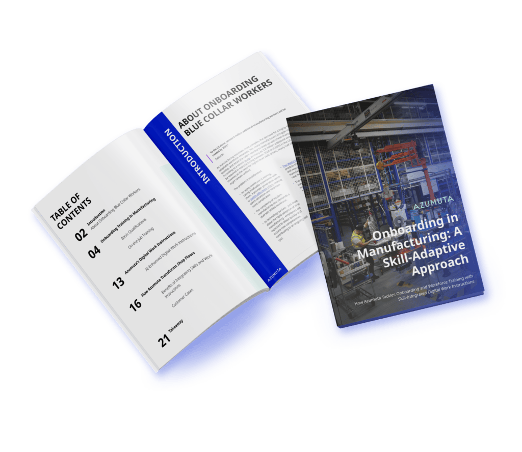 The image shows a 3D mockup of an open eBook titled "Onboarding in Manufacturing: A Skill-Adaptive Approach." The eBook cover features a factory setting with workers and machinery, emphasizing the industrial theme. The open pages reveal a table of contents, with sections that outline topics such as onboarding processes, skill development, and case studies. The table of contents includes: Introduction Importance of On-the-Job Training Digital Work Instructions in Manufacturing Case Studies on Effective Workforce Training Conclusion