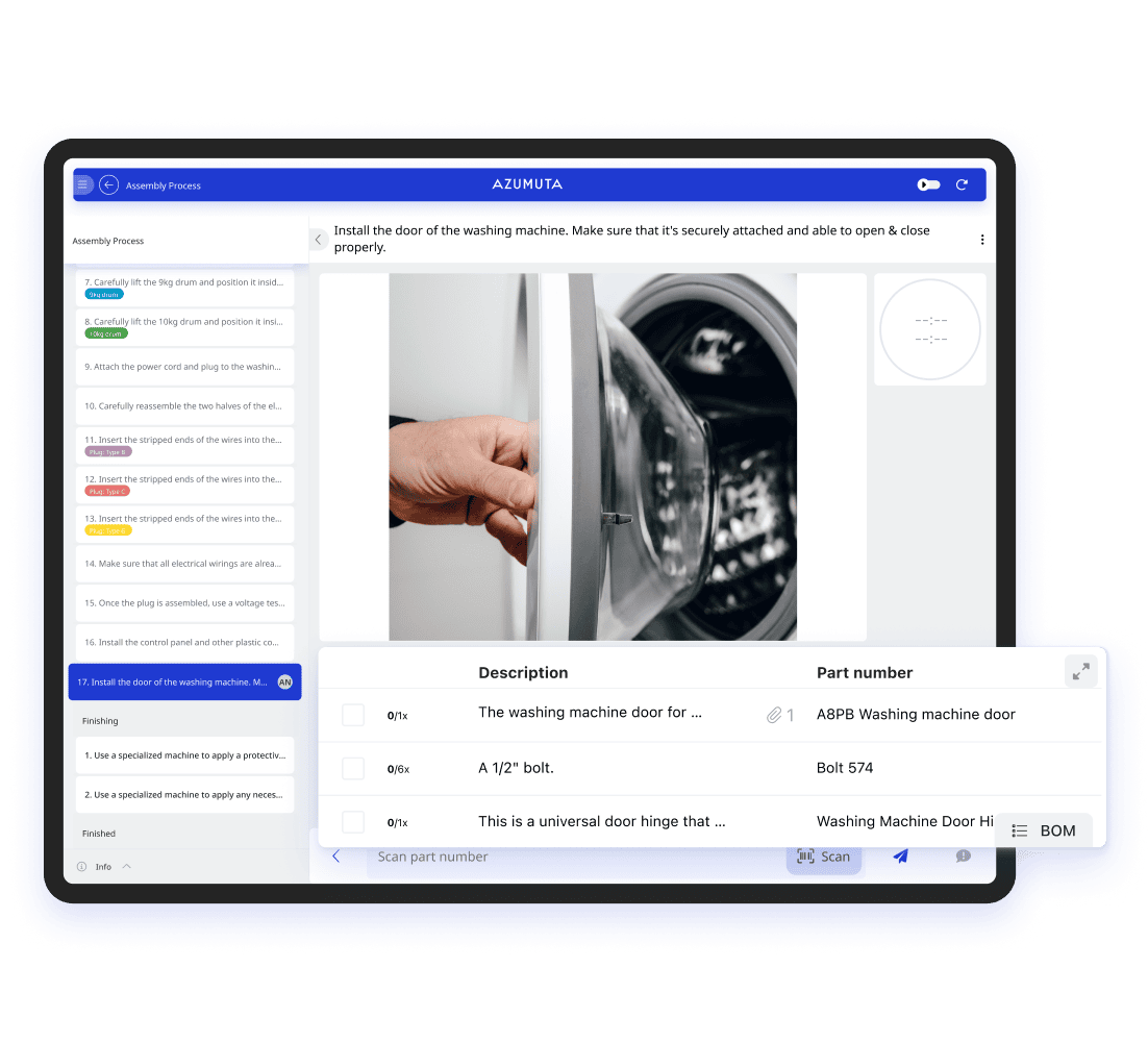 Visual of azumuta's software displaying a digital work instructions with parts and components associated