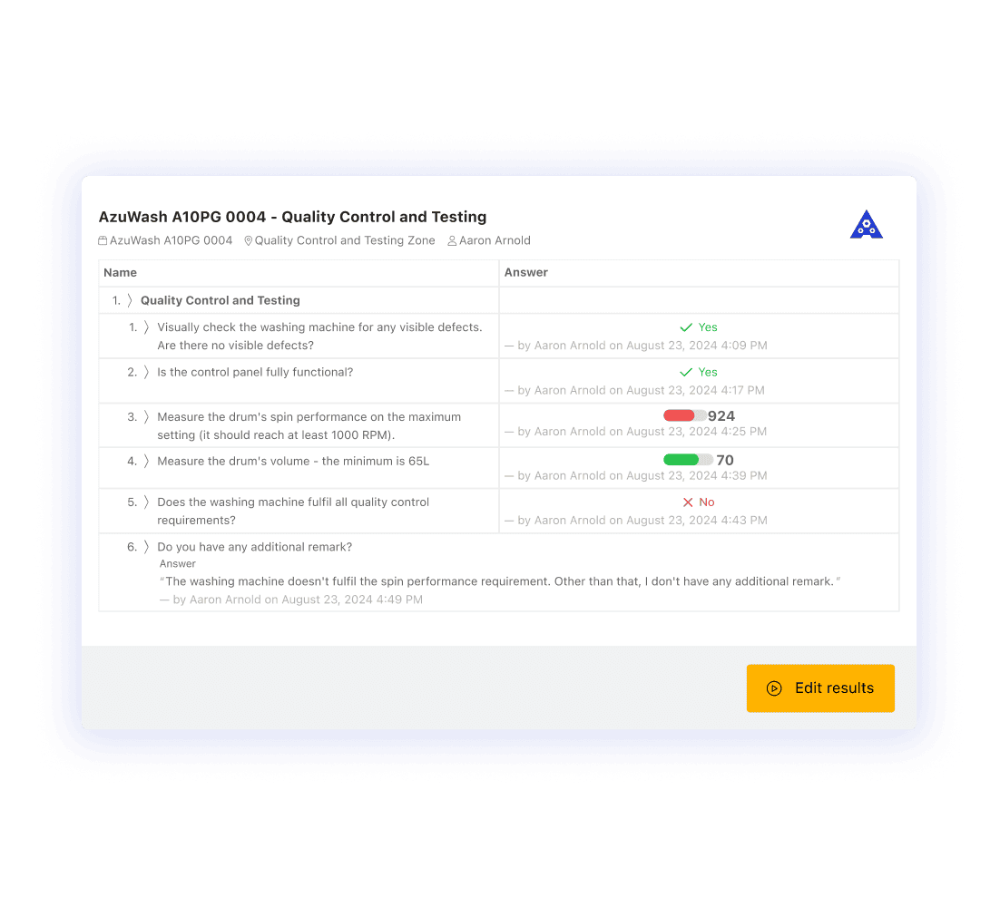 A computer screen displays a software interface from the Azumuta platform titled "5S audit checklist." The checklist includes various audit criteria such as safety and organization, with options to mark compliance status. A sidebar on the left shows navigation options.