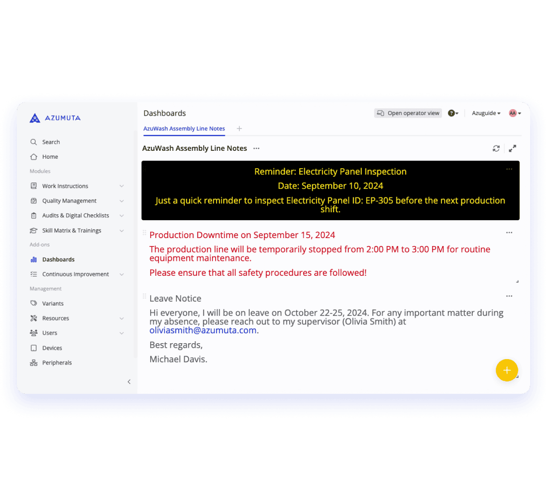 Azumuta dashboard displaying assembly line notes for AzuWash. Highlights include a black and yellow banner reminding employees of an Electricity Panel Inspection scheduled for September 10, 2024, referencing Panel ID: EP-305. Below, a red notice announces a production downtime on September 15, 2024, from 2:00 PM to 3:00 PM for equipment maintenance, urging adherence to safety procedures. A leave notice from Michael Davis is also included, informing that he will be on leave from October 22-25, 2024, with contact details for his supervisor. The interface is clean and organized with clear module navigation on the left.