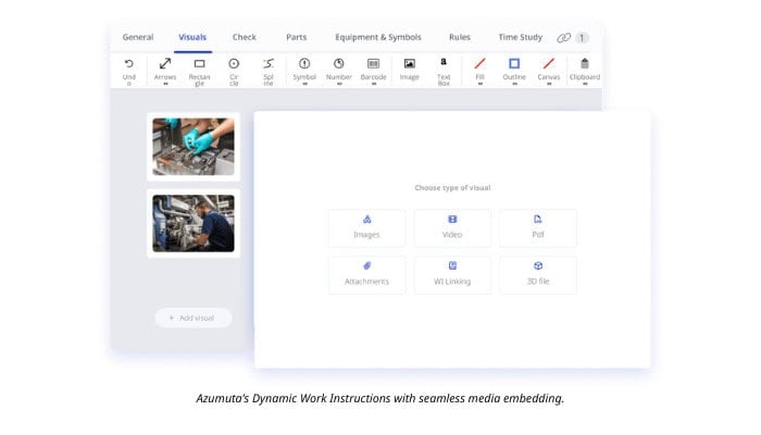A screenshot of Azumuta's platform interface displaying the 'Visuals' tab in a digital work instruction. The interface shows various tools for adding media, including options for images, video, PDFs, attachments, work instruction linking, and 3D files. On the left side, there are preview images of integrated media. Below, a caption reads: 'Azumuta’s Dynamic Work Instructions with seamless media embedding.'