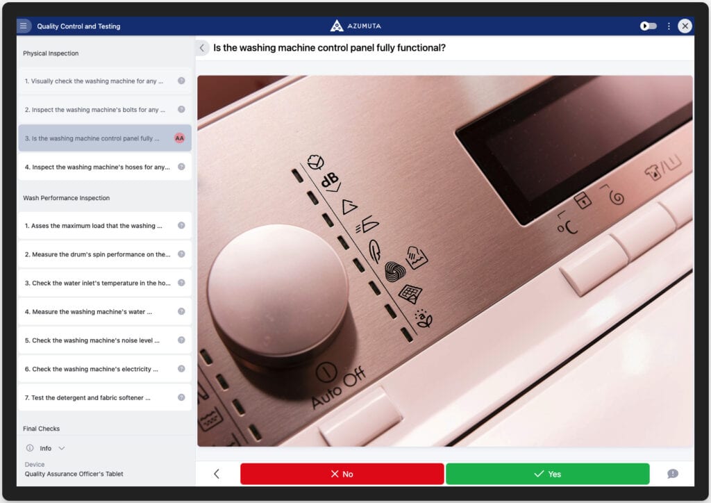 Azumuta interface displaying a quality control and testing checklist for a washing machine. The task highlighted asks, 'Is the washing machine control panel fully functional?' with a close-up image of the washing machine's control panel, showing various settings and buttons. The left panel outlines step-by-step inspection instructions, including physical and performance checks. At the bottom, red and green buttons allow users to mark the task as 'No' or 'Yes.' The interface is clean and user-friendly, designed for quality assurance workflows.