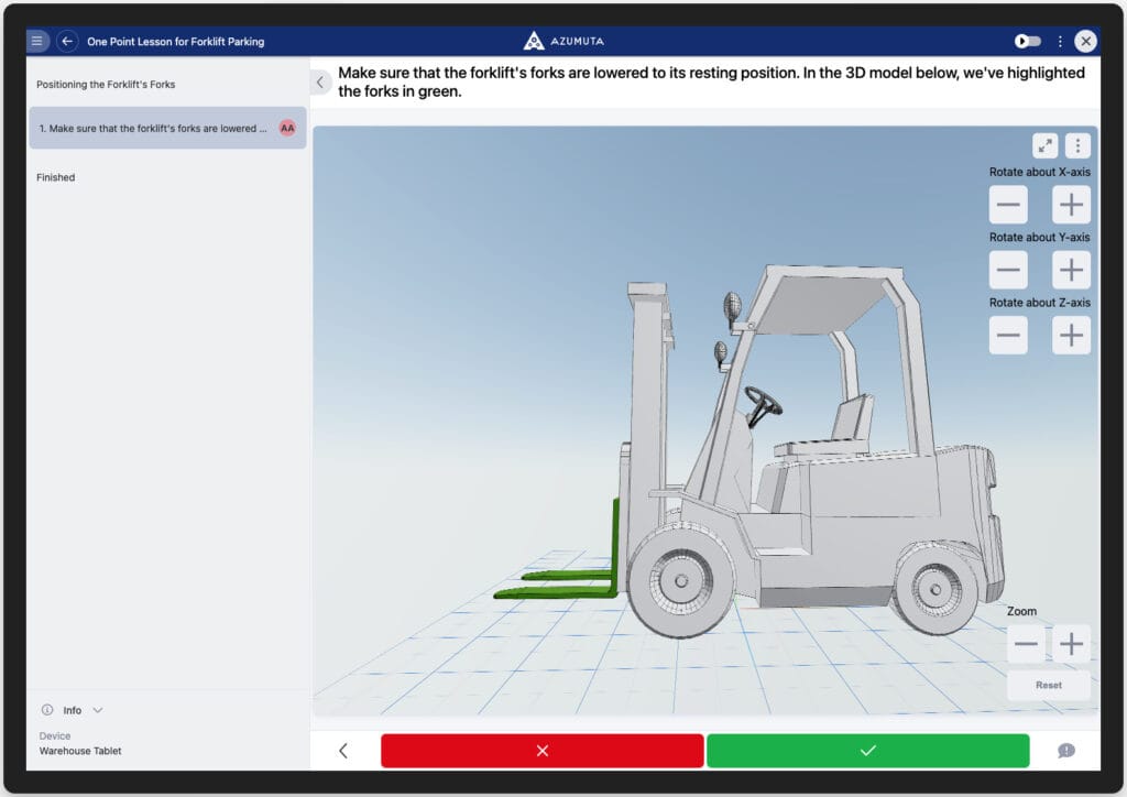 Azumuta interface displaying a One Point Lesson for forklift parking. The instruction reads, 'Make sure that the forklift's forks are lowered to its resting position,' with a 3D model of a forklift on the right. The forks are highlighted in green for clarity. Users can rotate the 3D model along the X, Y, and Z axes and zoom in or out. The left panel lists the task step, and red and green buttons at the bottom allow users to mark the task as incomplete or complete.