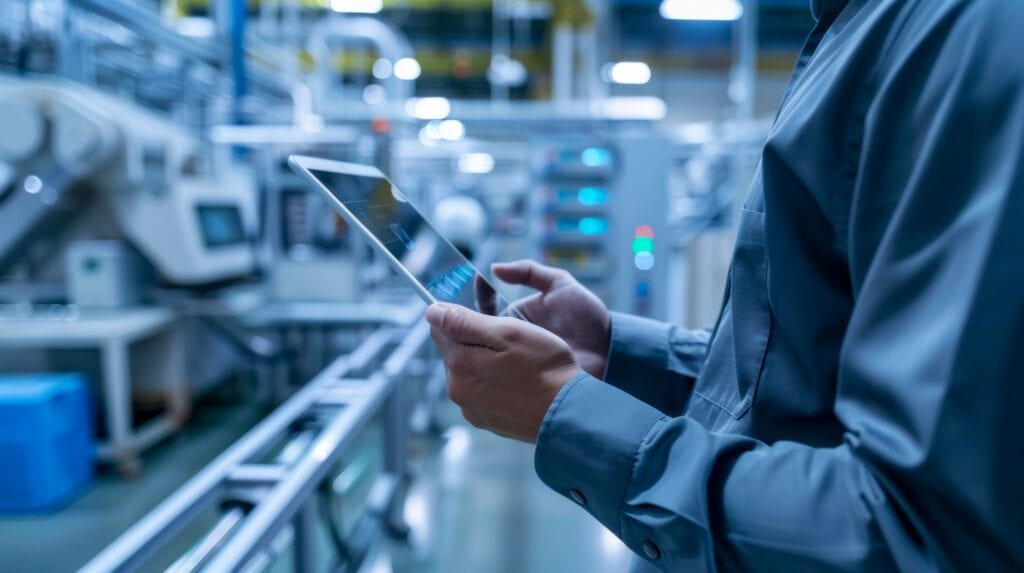 The image shows a person in a manufacturing environment holding a tablet. The individual is wearing a gray work uniform, and the tablet screen displays technical information or data. In the background, there is advanced industrial equipment, with soft, blue-toned lighting, creating a futuristic and high-tech atmosphere. The setting suggests the use of digital tools for monitoring or managing manufacturing processes.