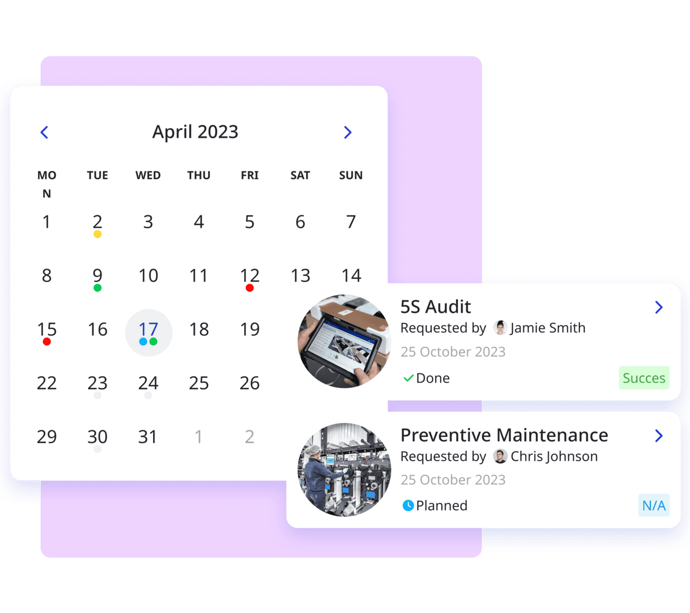 A digital calendar for April 2023 with circular markers on select dates. To the right, two task cards are shown: 