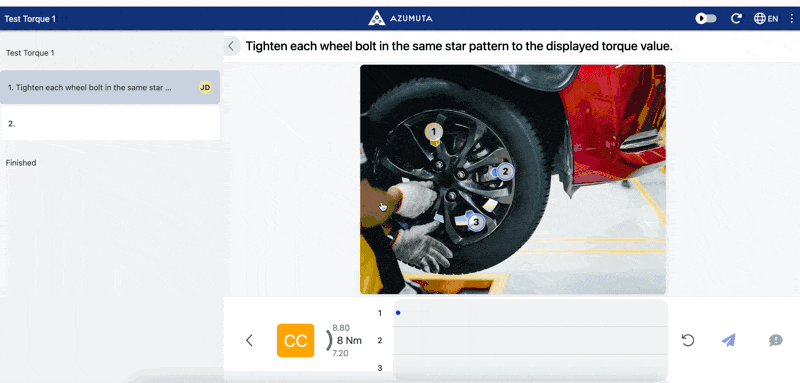 The GIF shows an interface in Azumuta's platform guiding a user through a torque tightening task: The instruction at the top says, 
