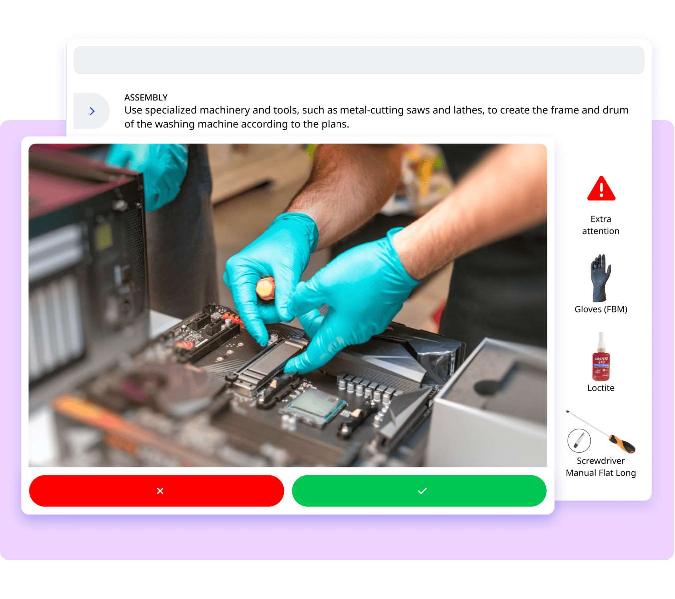 Azumuta interface displaying an assembly task instruction. A close-up image shows hands wearing blue protective gloves working on a circuit board, emphasizing careful handling. The right panel lists safety and tool reminders, including warnings for extra attention, the use of gloves, Loctite adhesive, and a manual flat-head screwdriver. At the bottom, red and green buttons allow users to indicate task status as incomplete or complete. The interface is designed with a clean layout and a light purple background.