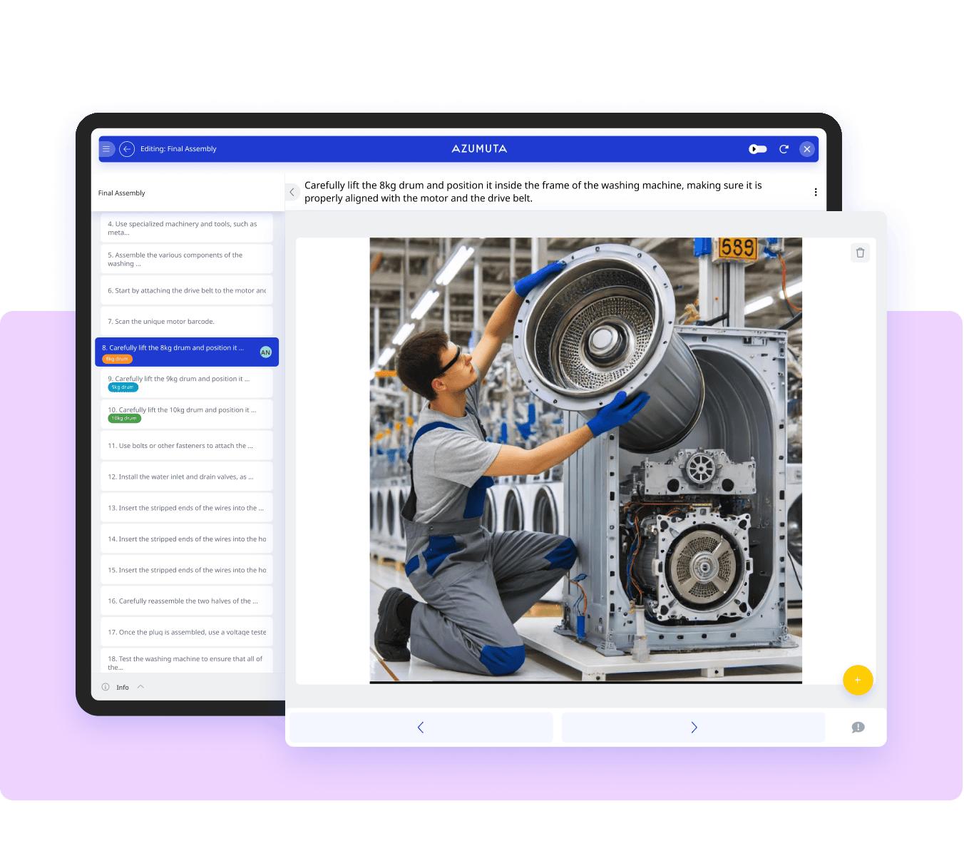 An instructional image showing a person wearing blue gloves assembling electronic components on a motherboard. Beside the image, a checklist includes items such as 