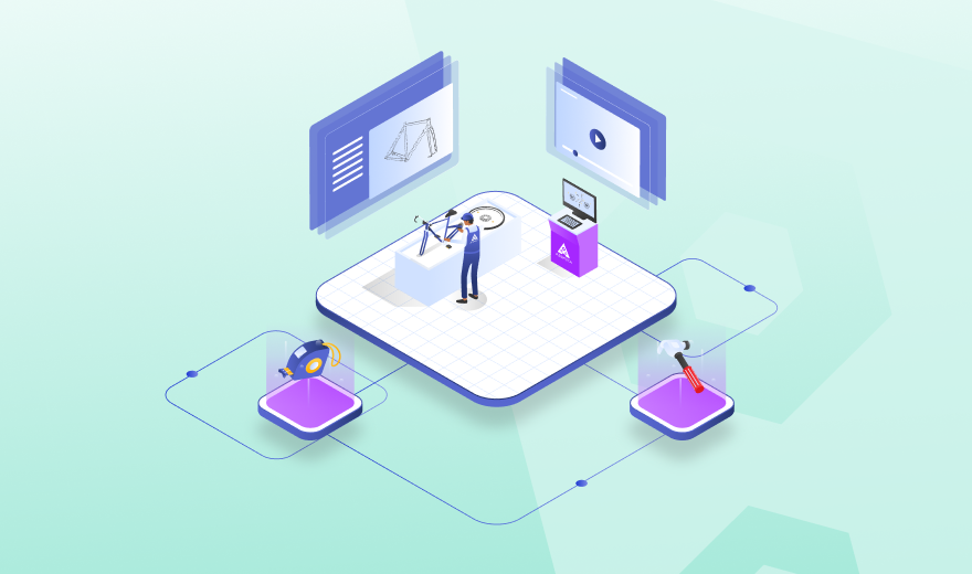 Illustration of a digital quality assurance process, showing a technician inspecting a bike frame with connected tools, screens, and software integrations for advanced manufacturing workflows.