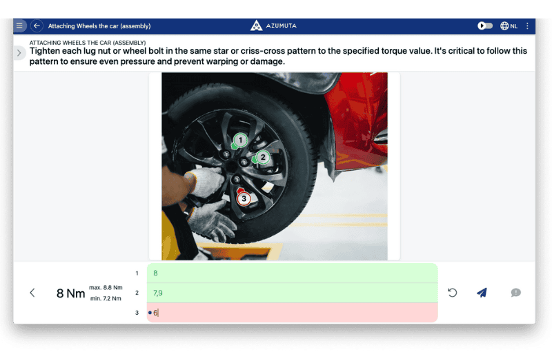 Azumuta interface displaying an assembly instruction for attaching wheels to a car. The guide explains how to tighten lug nuts or wheel bolts in a star or criss-cross pattern to ensure even pressure and prevent warping or damage. The image features a close-up of a wheel with numbered bolts (1, 2, 3), and torque specifications are shown below, including maximum and minimum values. The interface highlights task completion tracking and step-by-step guidance.