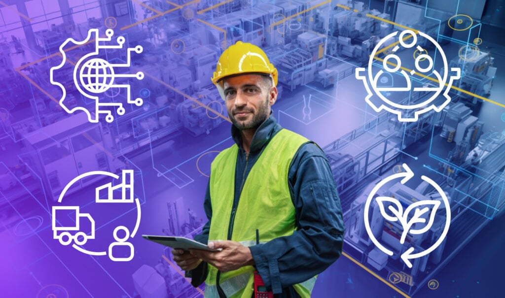 Factory worker in safety gear using a tablet, surrounded by icons representing digital transformation, sustainability, supply chain, and team collaboration, set against a smart manufacturing facility background.