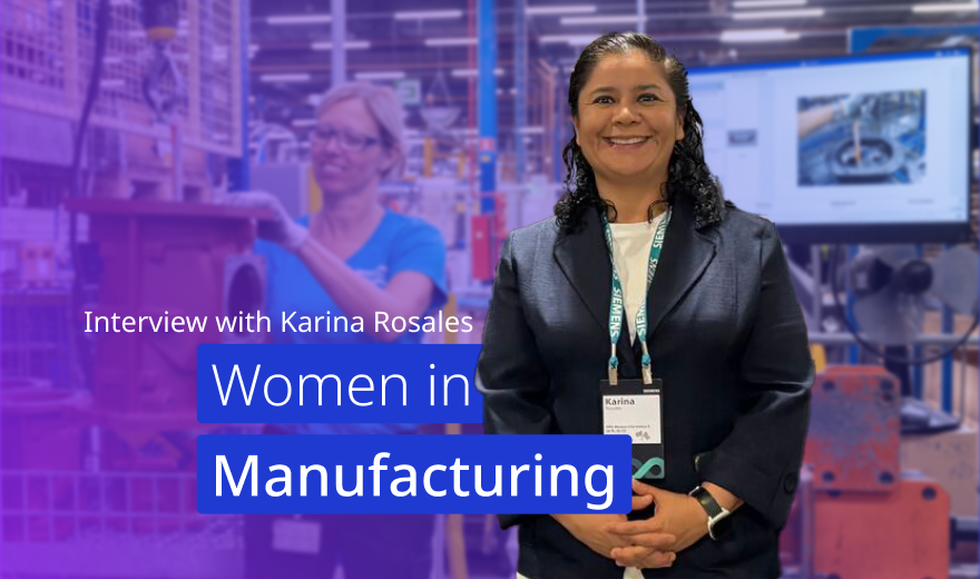 Karina Rosales featured in an interview on 'Women in Manufacturing; highlighting her role and contributions to the industry, set against a vibrant manufacturing facility background.