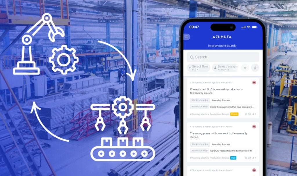 Digital transformation in manufacturing: Azumuta's improvement boards displayed on a mobile device, enhancing efficiency and tracking issues on an assembly line in a smart factory setting.
