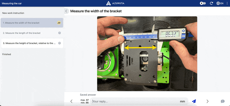 Azumuta work instruction interface showing a step to measure the width of a bracket using a digital caliper, ensuring precision and accuracy in quality control tasks.
