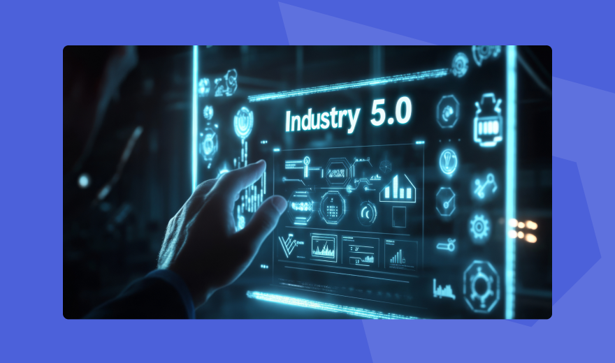 Futuristic interface showcasing Industry 5.0 concepts with a hand interacting with a digital screen displaying technology icons, graphs, and automation elements, illuminated with a blue neon glow.