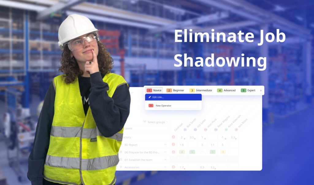 An image showing a person wearing a high-visibility safety vest, safety glasses, and a hard hat in an industrial setting, with a thoughtful expression and one hand touching their chin. The background features a blurred factory or warehouse environment. Overlaid text reads, "Eliminate Job Shadowing," alongside a digital interface displaying skill levels and roles, ranging from "Novice" to "Expert."