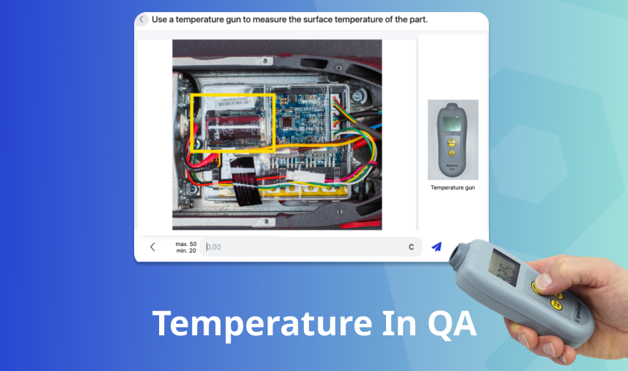 A digital interface displaying temperature measuring instructions using a temperature gun, with a highlighted section on an electronic component. A hand holding a temperature gun is shown in the foreground. The text "Temperature In QA" appears at the bottom on a blue background.