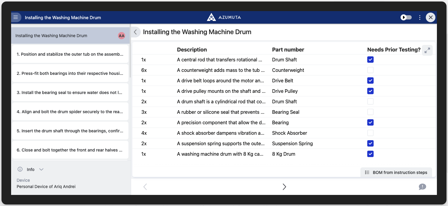A digital work instruction interface titled 