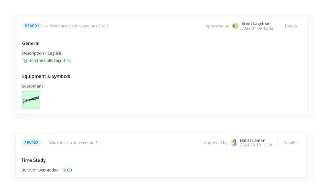 A digital interface displays the revision history of work instructions. The first entry (REV001) shows an update from version 6 to 7, including a general instruction to 