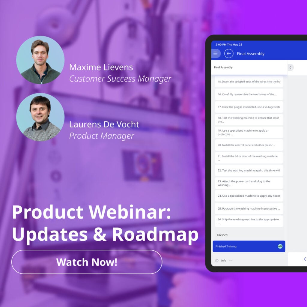 Promotional graphic for Azumuta's "Product Webinar: Updates & Roadmap" featuring Maxime Lievens (Customer Success Manager) and Laurens De Vocht (Product Manager). The image includes their portraits on the left, with a purple gradient background showing a blurred workstation. On the right, there's a partial screenshot of the Azumuta interface displaying a digital work instruction titled "Final Assembly." A "Watch Now!" button appears at the bottom.