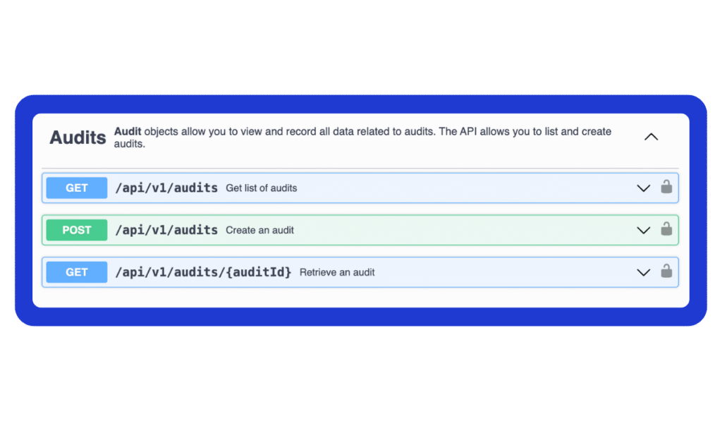 Azumuta API documentation showing available audit endpoints: GET to list audits, POST to create an audit, and GET to retrieve a specific audit by ID.